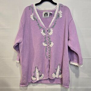Storybook Knits Cardigan Purple Flowers Size 3X Button-up White Lace Detail